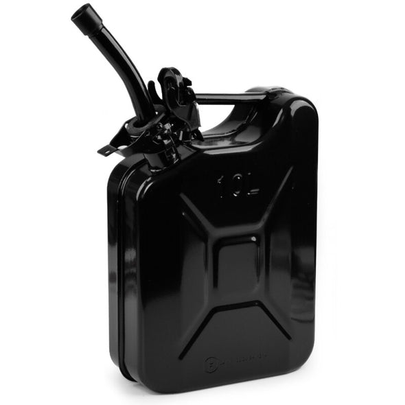 10 litre black steel jerycan with pouring spout