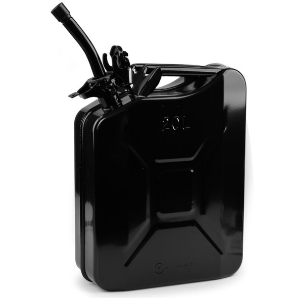 20 litre black steel jerycan with pouring spout