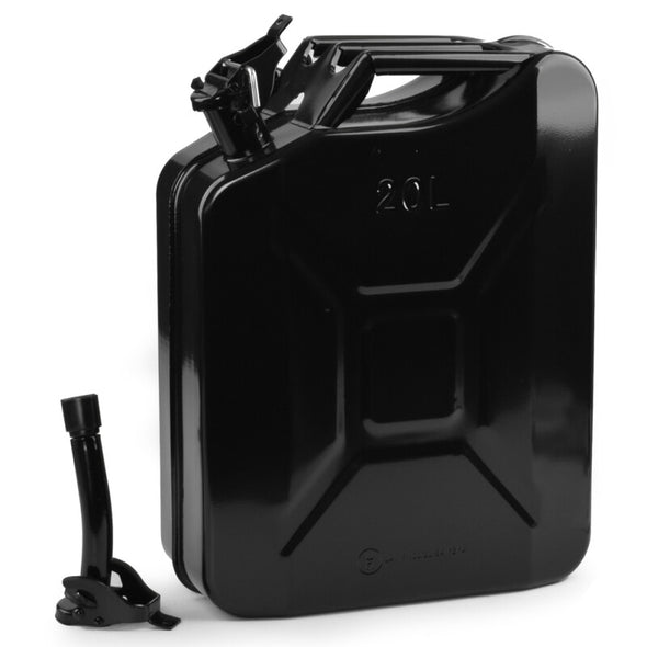 20 litre black steel jerycan with pouring spout