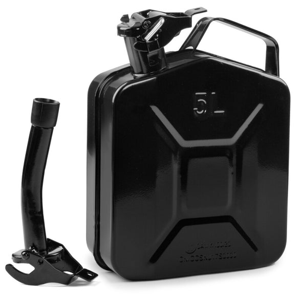 5 litre black steel jerycan with pouring spout