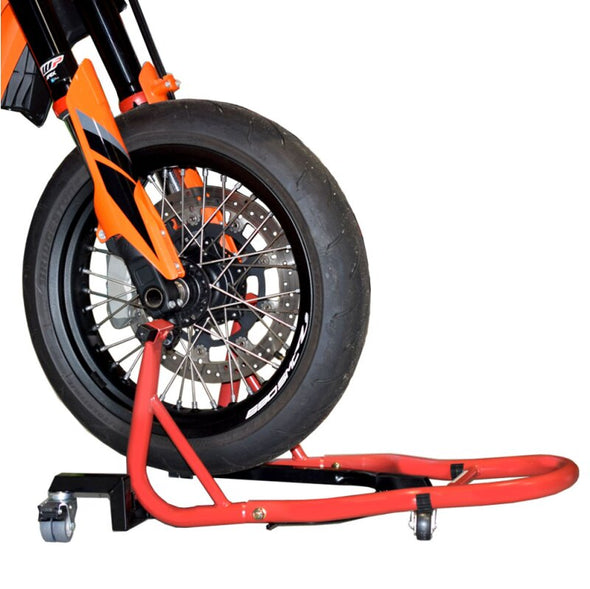 El soporte para motocicleta ayuda con las maniobras delanteras y traseras rojo